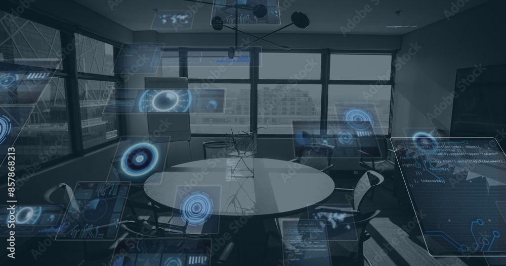 Poster image of multiple round scanners and data processing against empty office
