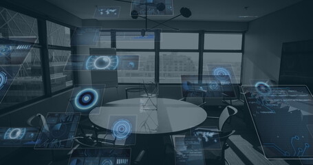 Image of multiple round scanners and data processing against empty office