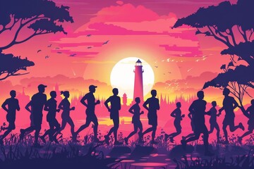 Fototapeta premium Running marathon poster with people running. Illustration of modern style.