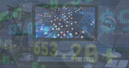 Image of stock market data processing over microprocessor connections on computer screen