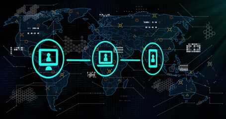 Network of media icons over world map and data processing