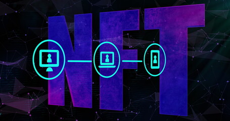 Network of media icons over nft text and communication networks on black background