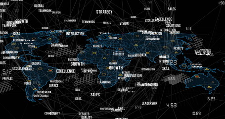 Image of connected texts forming globe over geometric shapes on map against black background