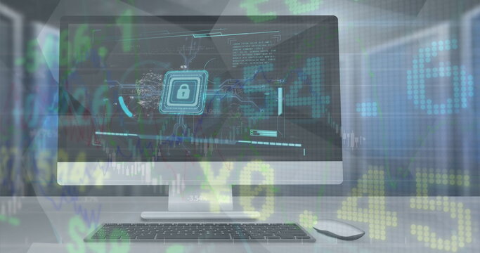 Image of stock market data processing against security padlock icon on computer screen
