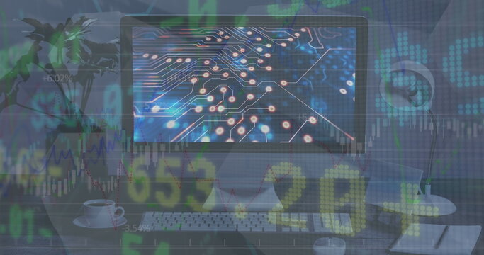 Image of stock market data processing over microprocessor connections on computer screen - Powered by Adobe