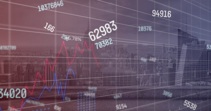 Image of numbers and data processing over cityscape