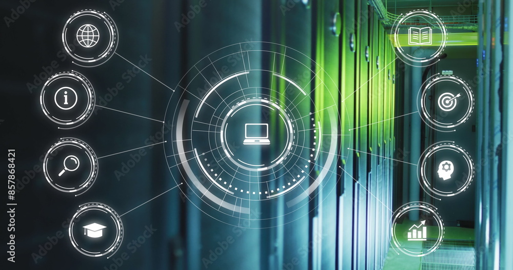 Poster image of digital icons and data processing over computer servers