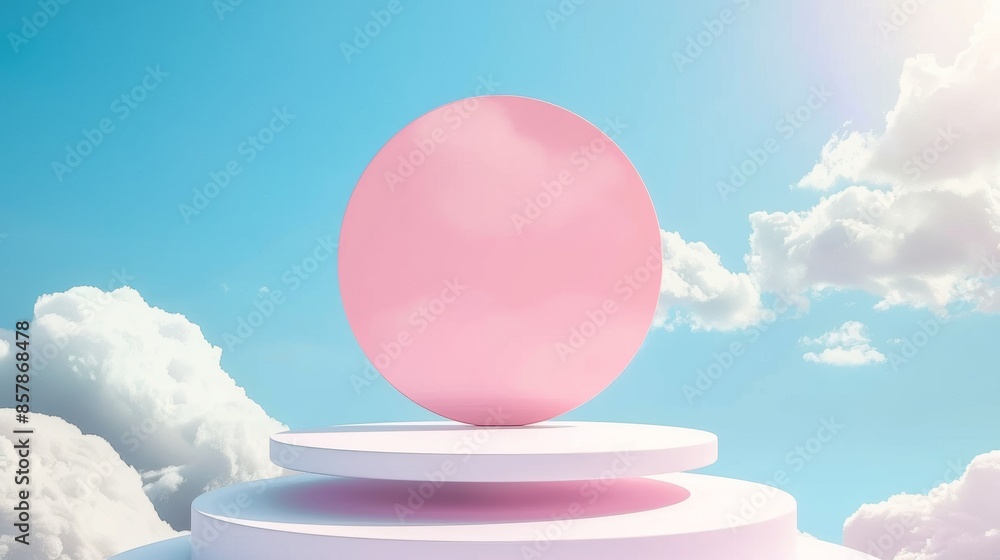 Poster two-step white cylinder podium with round platform for goods display in sky. modern pastel scene wit