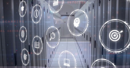 Image of icons and data processing with connections over computer server