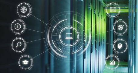 Image of digital icons and data processing over computer servers