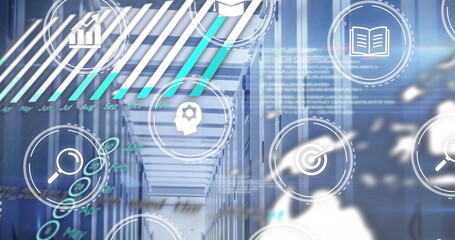 Image of icons and data processing with connections over computer server