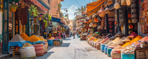 A vibrant street market in Marrakech, filled with exotic spices, handcrafted goods, and the bustling energy of local vendors.