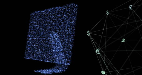 Image of glowing computer and globe with connections on black background