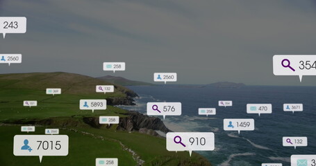 Image of social media icons and data processing over sea