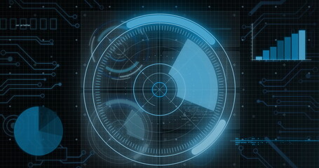 Image of round scanner scanning over interface with data processing against black background