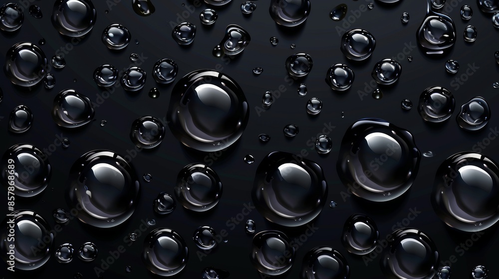 Poster isolated condensation water drops on a black glass background. raindrops with light reflection on a 