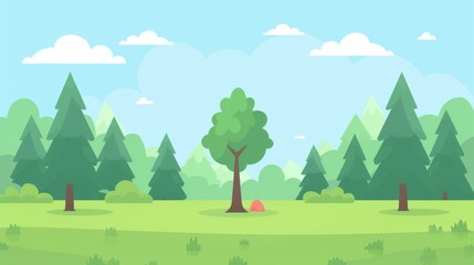Modern cartoon illustration of deep woods, nature park or garden landscape with green plants, bushes, stones and sunlight in summer.