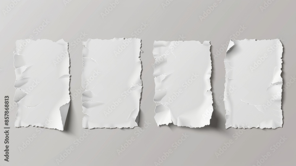Poster paper sheets with torn edges and square grids. old blank notepad and copybook pages with striped pat