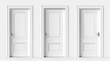 This contemporary white wooden door has a frame, handle, and can be opened, closed, and ajar. It is a modern realistic set isolated on a white background. It can be used for the front entrance or