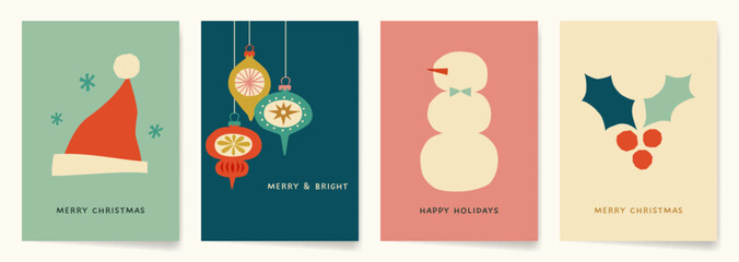 Retro Modern Christmas Card Designs with hand drawn illustrations and paper cut outs. Whimsical illustrations for Winter Holidays in retro pastel colors.