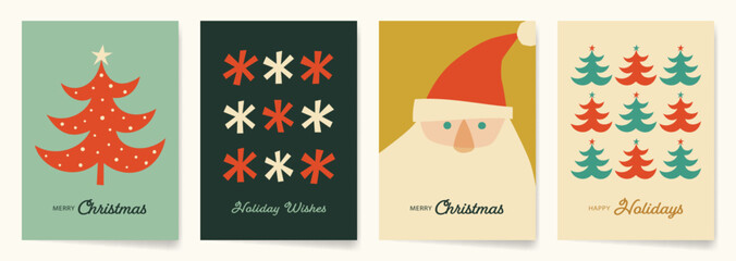Christmas Card Designs with whimsical hand drawn illustrations and paper cut out shapes. Minimalist Winter Holiday illustrations in retro-modern colors.