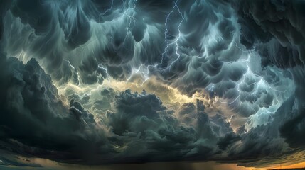 Dramatic sky with dark storm clouds and intense lightning creating an electrifying atmosphere