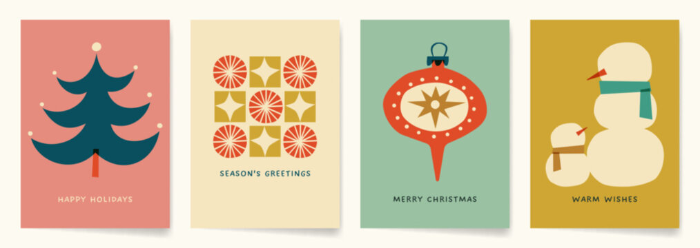 Retro Modern Christmas Card Designs with hand drawn illustrations and paper cutouts. Whimsical illustrations for Winter Holidays in retro pastel colors.