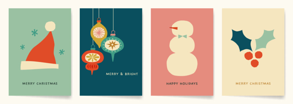 Retro Modern Christmas Card Designs with hand drawn illustrations and paper cut outs. Whimsical illustrations for Winter Holidays in retro pastel colors.