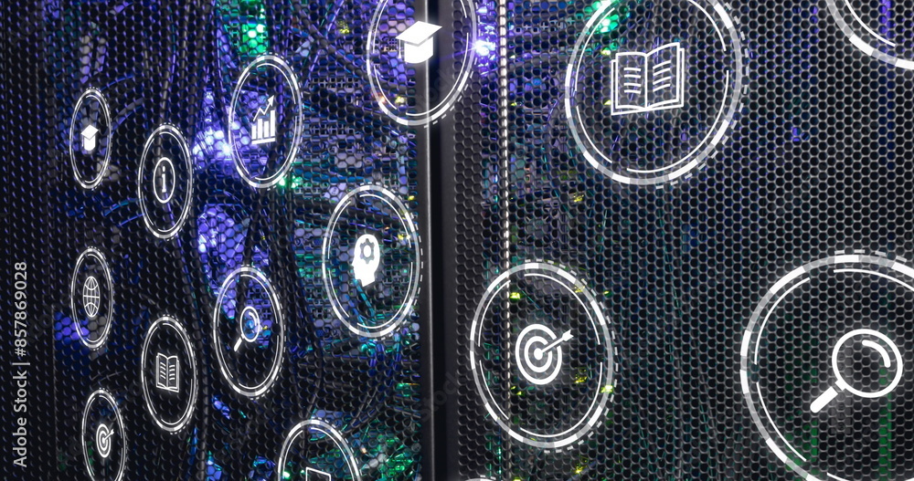 Poster image of multiple digital icons against close up of a computer server