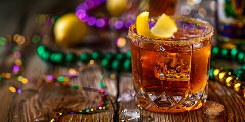 Sazerac Cocktail with Lemon Peel and Mardi Gras Beads on Wooden Table. Concept Cocktail Photography, Sazerac Recipe, Mardi Gras Inspiration, Wooden Table Setting, Lemon Peel Garnish