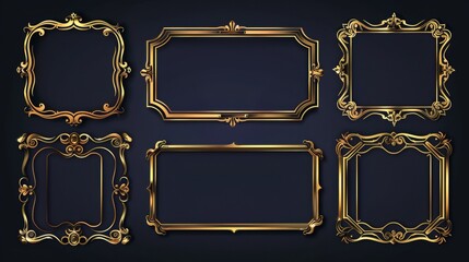 Modern illustration of golden border template, game user interface design element. Medieval shiny metal decor. Luxury ornament set with cartoon square and round avatar frames.