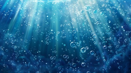Background with underwater surface, ocean, sea, swimming pool transparent aqua texture, air bubbles, ripples, and sun rays falling, ready for advertising.