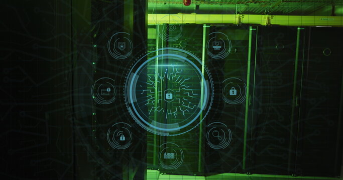 Image of digital icons and security padlock against computer server room
