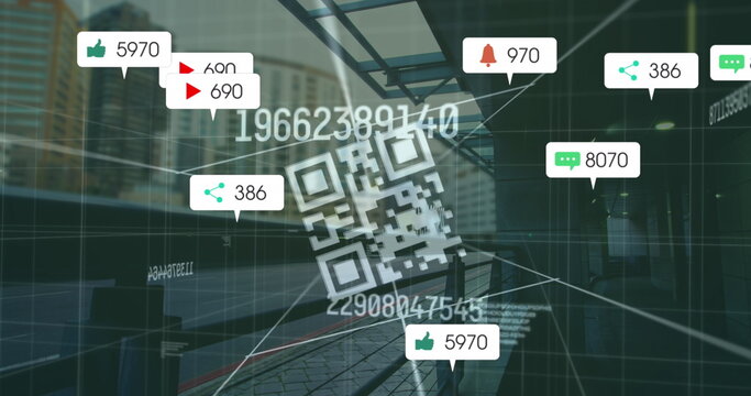 Image of changing numbers, social media icons and qr code scanner against city traffic