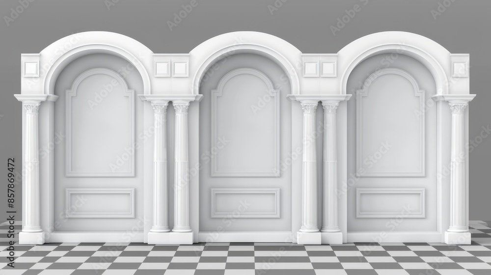 Poster white event stand booth concept mockup with 3d perspective front and side views. corner display show