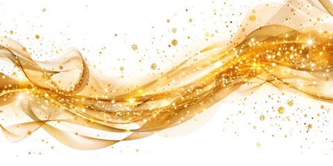 Elegant golden abstract wave with sparkling lights and bokeh effects on a clean white background.