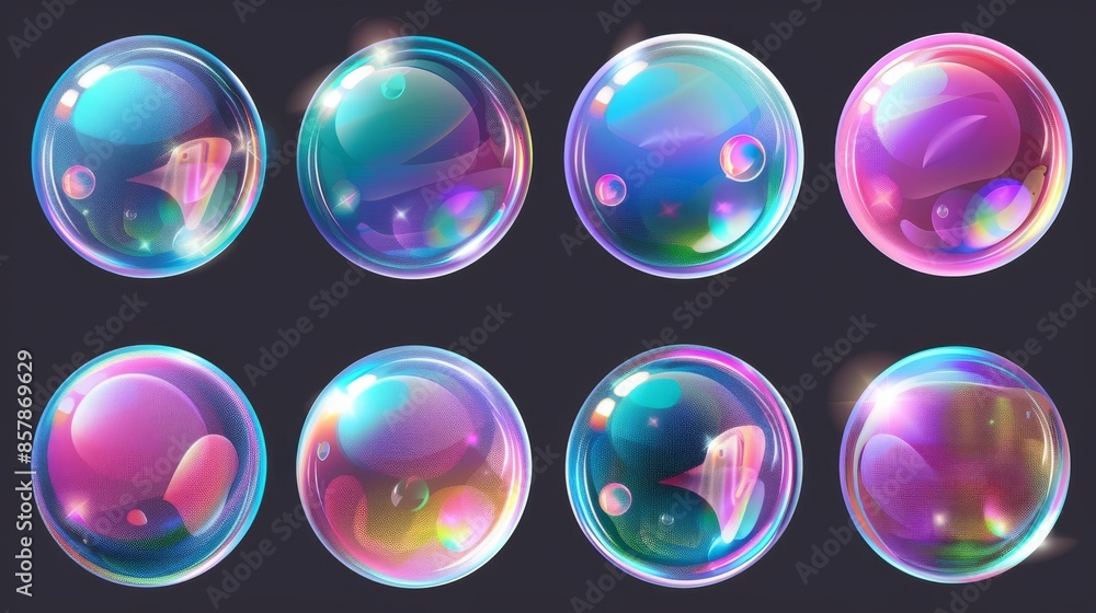 Poster symbol of freedom and childhood fun, realistic set of soap bubbles isolated on transparent backgroun
