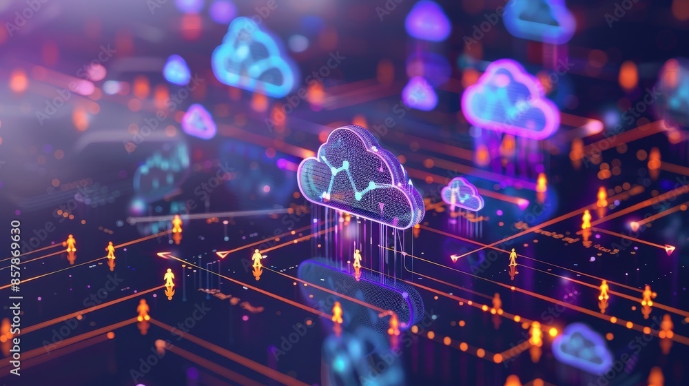 Poster a colorful cloud computing. the globe is surrounded by many small dots, which represent the many dif