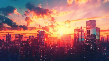 Vibrant city skyline at sunset with a colorful sky and illuminated skyscrapers