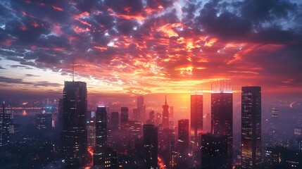Obraz premium Stunning aerial cityscape at dusk with vibrant sunset illuminating skyscrapers and dramatic clouds.
