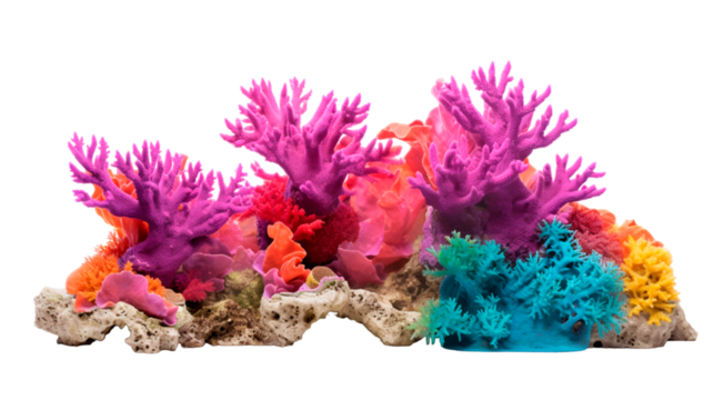 Colorful coral reef with marine flora on transparent png background.
