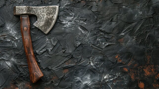Old viking axe on the wooden flat lay table background with copy space. - Powered by Adobe