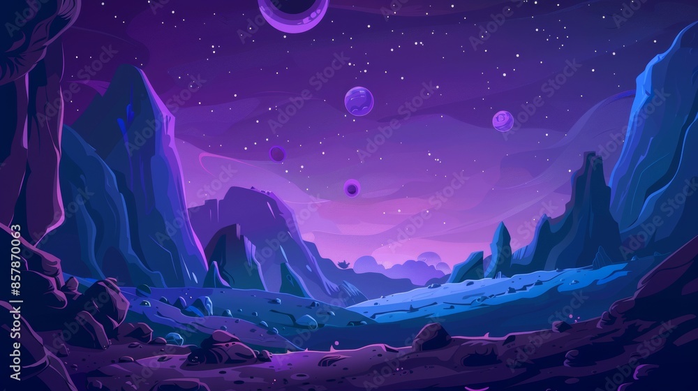Poster background of planets and asteroids in space for game ui design, alien cosmic objects, neon stars an