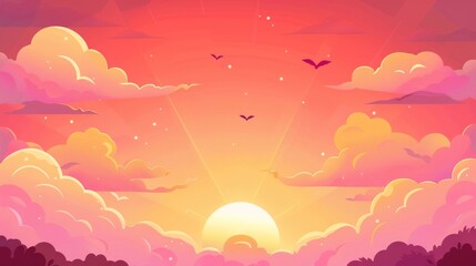 A sunset anime cloud modern cartoon scene background. A summer cloudy weather air design. An evening panorama wallpaper of pink, orange, and purple clouds in the sky. A fluffy romantic horizon