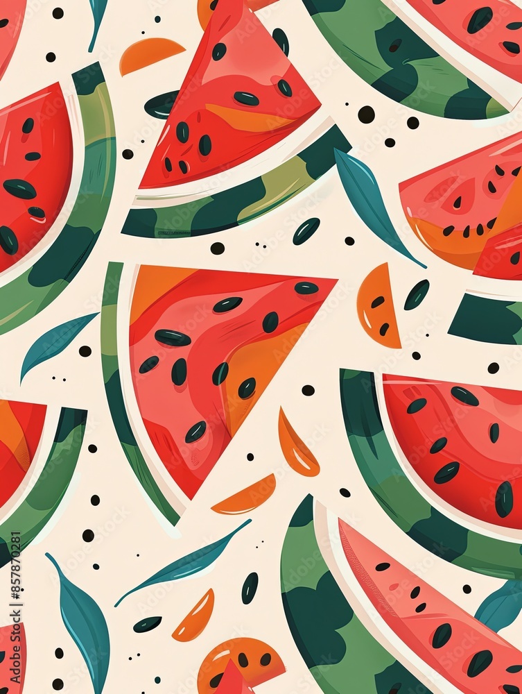 Poster a colorful illustration of watermelon slices with seeds and rinds on a light background. generative 