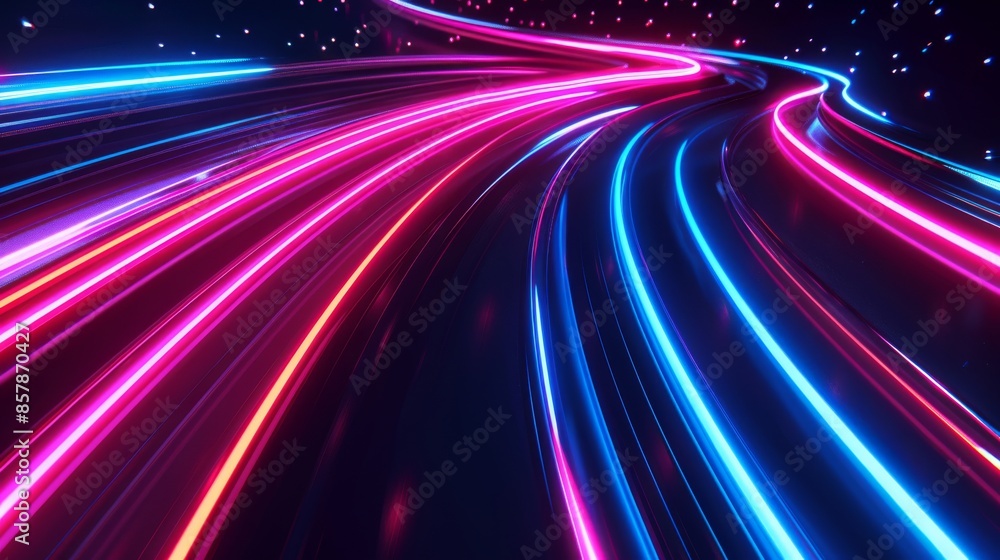 Poster a neon fiber with fast luminous motion effect. blue and red lines illustrate the flow of data or ene