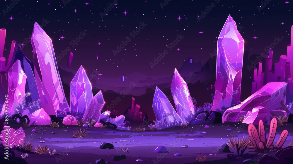 Poster the set of ui elements includes floating alien planet ground platform with purple surface, a magic p