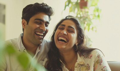 Happy Indian couple laughing together in a bright room, family at new home, generated ai 