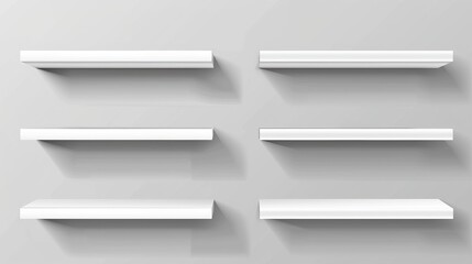 The idea of a white empty supermarket shelf mockup with racks for displaying products. 3D modern illustration with different angles of view of a bookcase stand. Blank mockup for store promotion