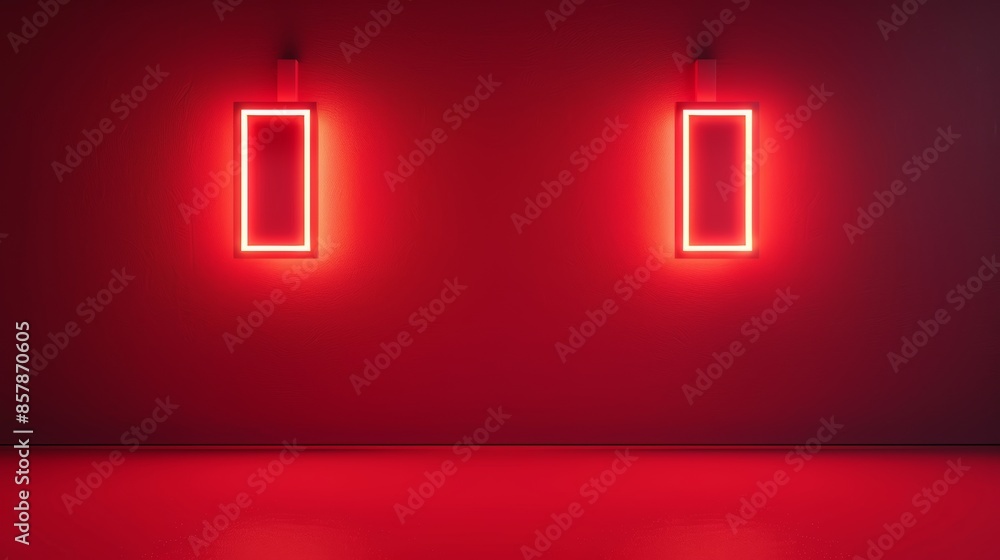 Poster this is a 3d red led light panel on a studio room background. an empty hall stage is set up for virt